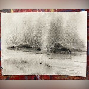 Original Watercolor Painting Misty Forest Deer landscape by artist Artettina USA